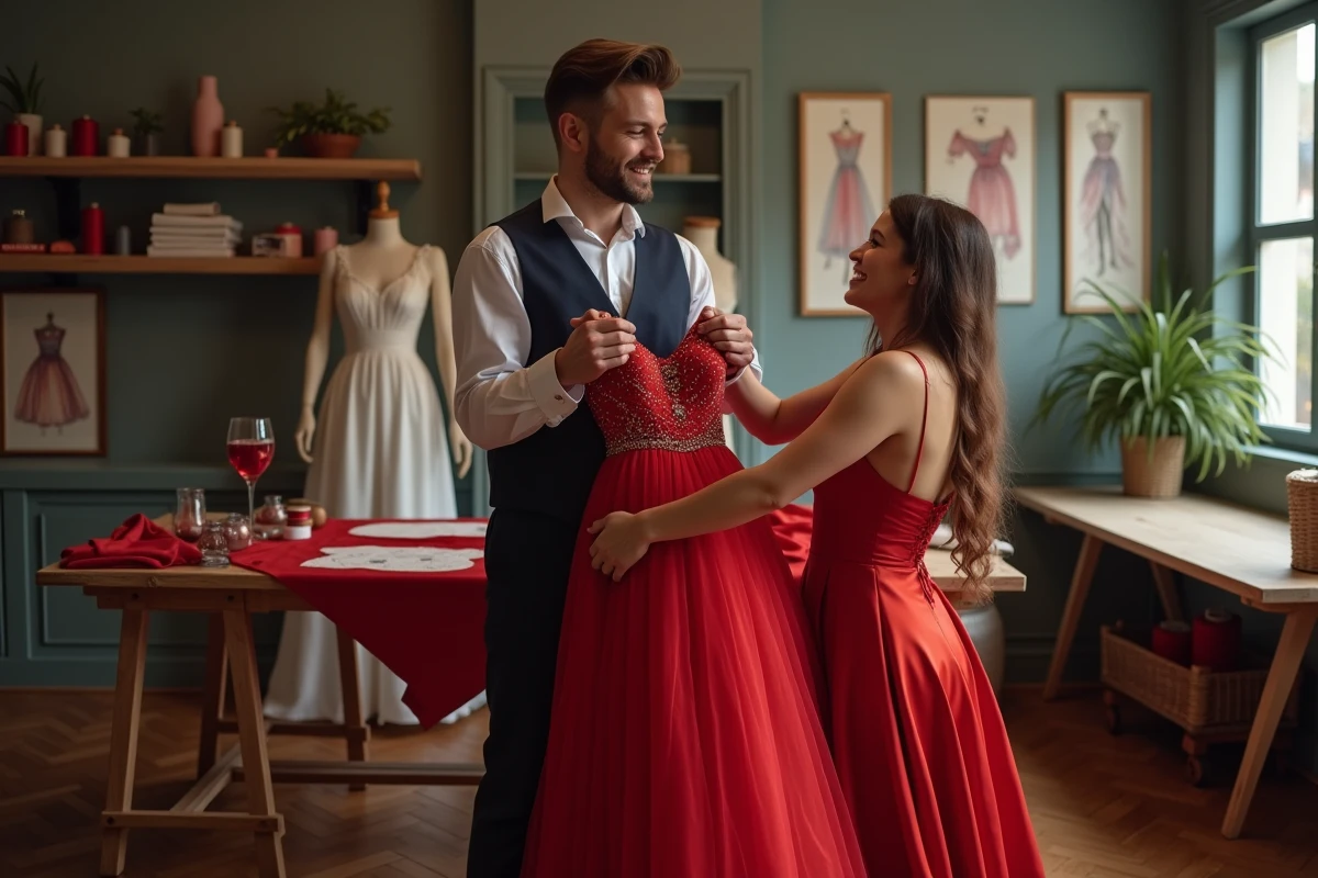 Jeune homme avec robe rouge dans un atelier de couture
