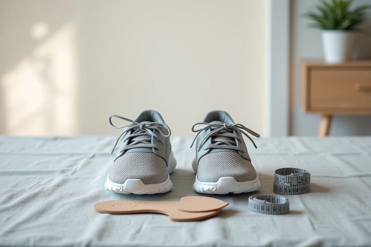 Chaussures d'enfant trop grandes avec semelle amovible et accessoires d'ajustement posés à plat sur un tissu gris