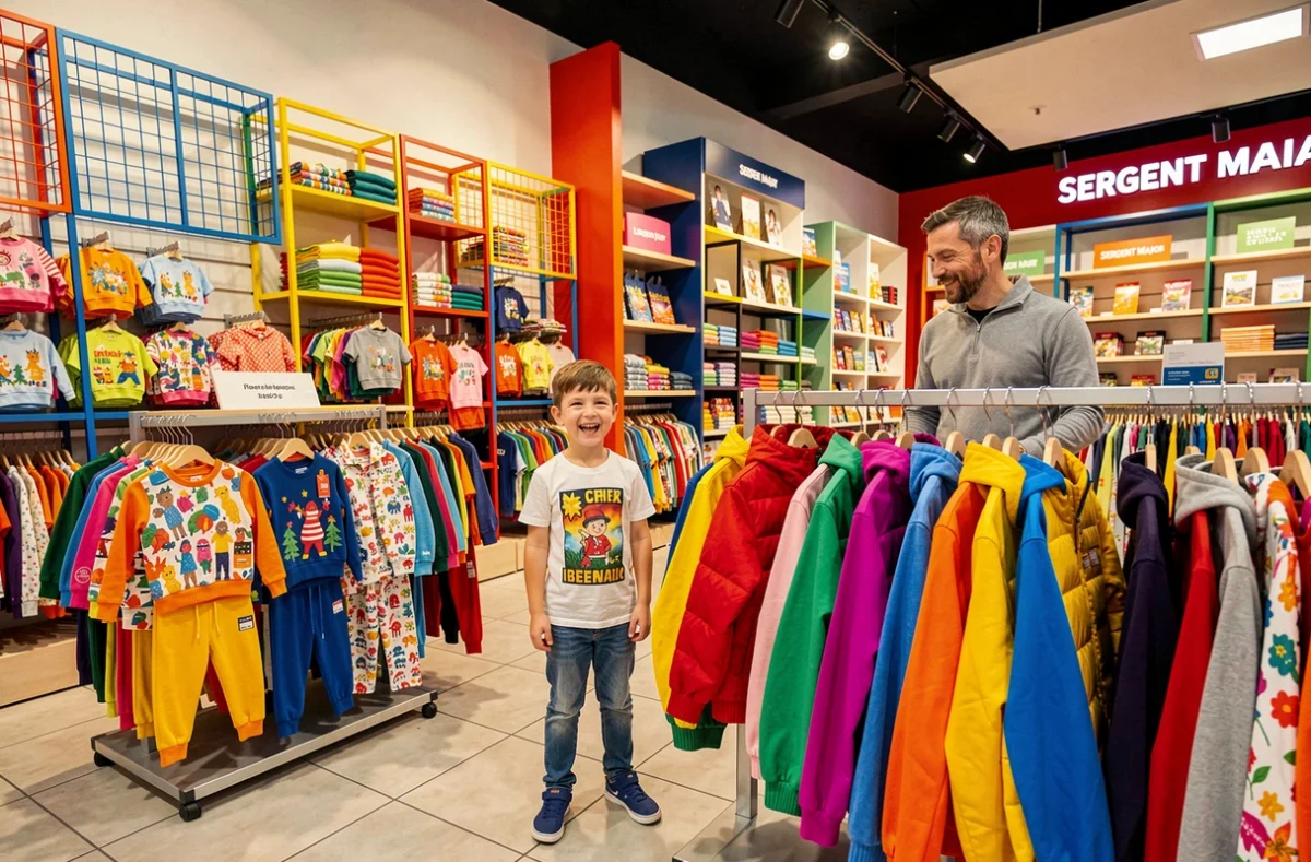 Intérieur d'un magasin Sergent Major avec des vêtements colorés et accessibles pour enfants sur des portants