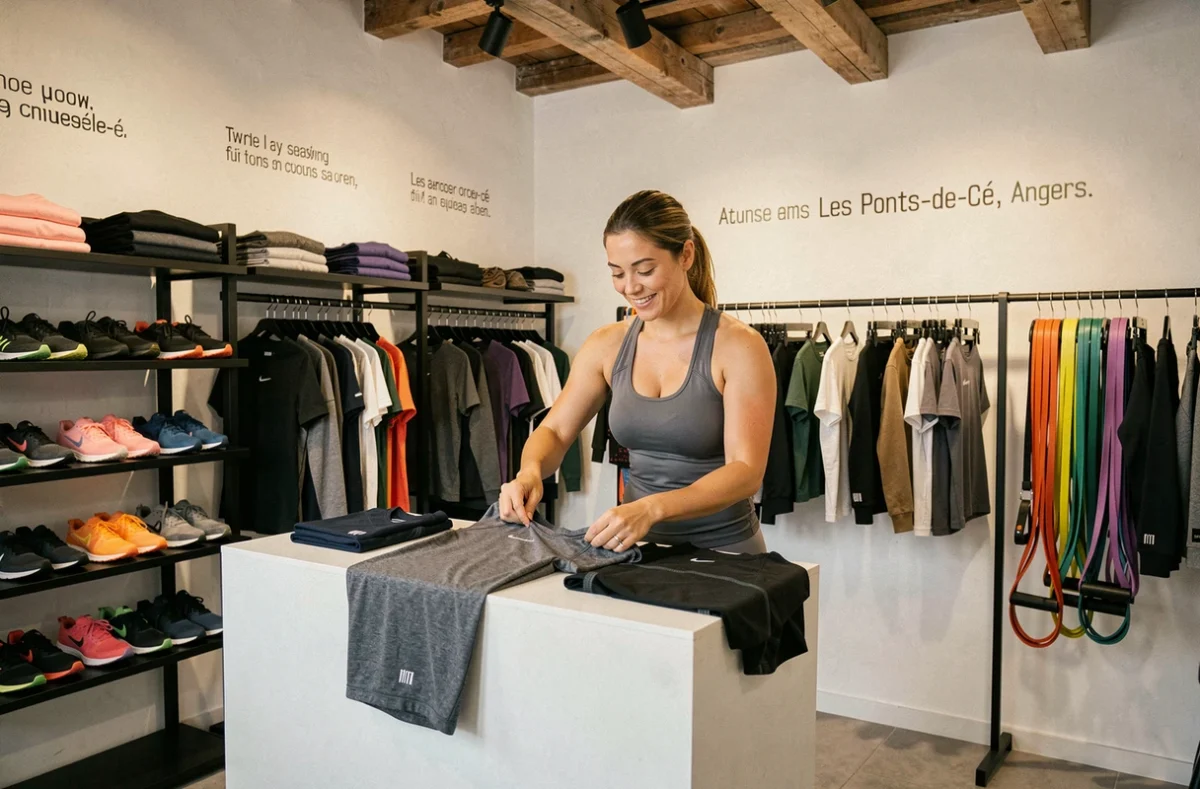Boutique Skills aux Ponts-de-Cé avec une vendeuse rangeant des vêtements de fitness technique sur le comptoir