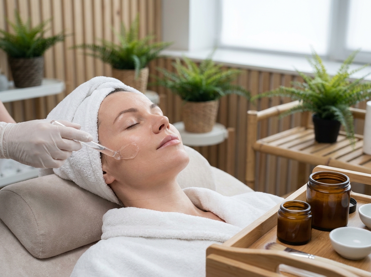 Femme recevant un soin du visage non invasif dans un spa haut de gamme axé sur les tendances esthétiques