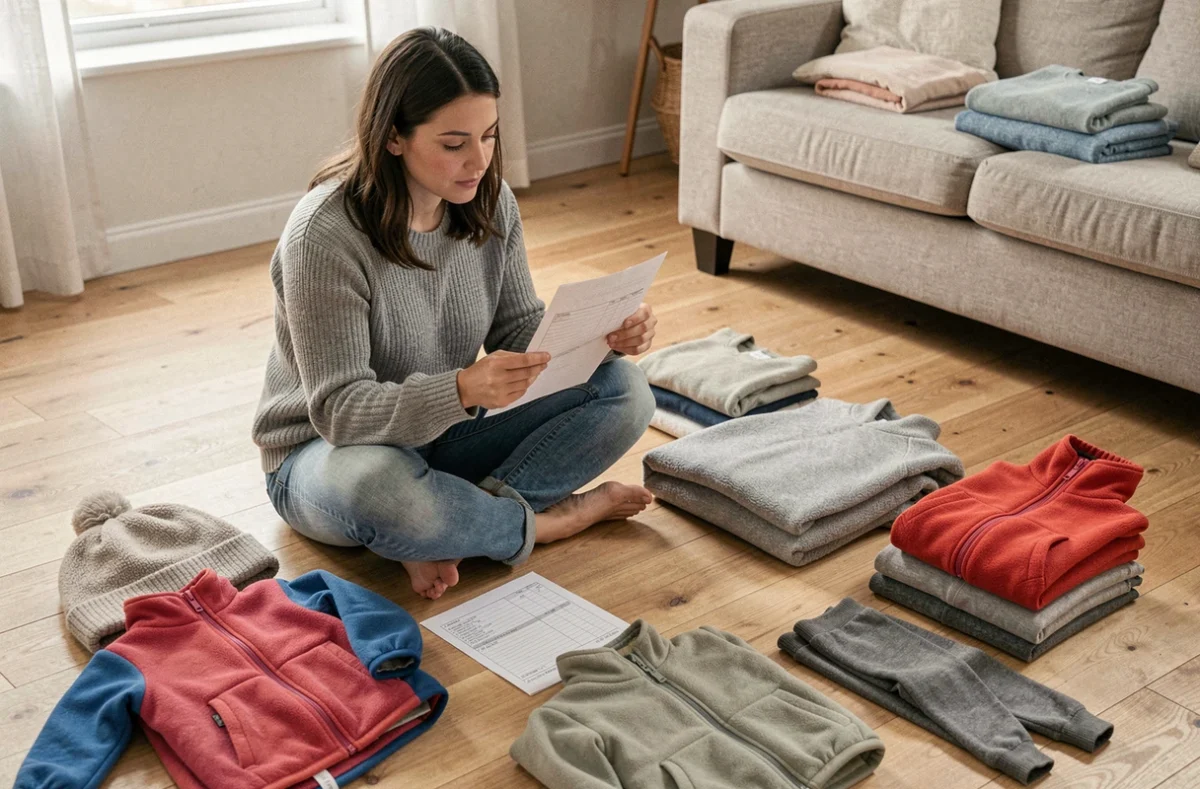 Mère organisant des vêtements d'hiver pour enfants sur le sol du salon en gérant son budget pendant les soldes