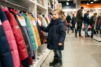 Petite fille de 8 ans en manteau d'hiver bleu marine faisant du shopping pendant les soldes d'hiver dans un magasin de vêtements pour enfants