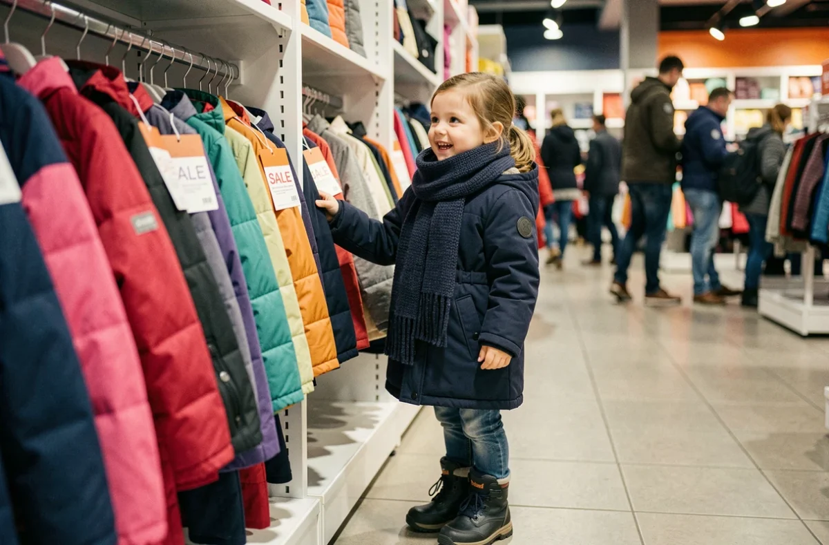 Petite fille de 8 ans en manteau d'hiver bleu marine faisant du shopping pendant les soldes d'hiver dans un magasin de vêtements pour enfants