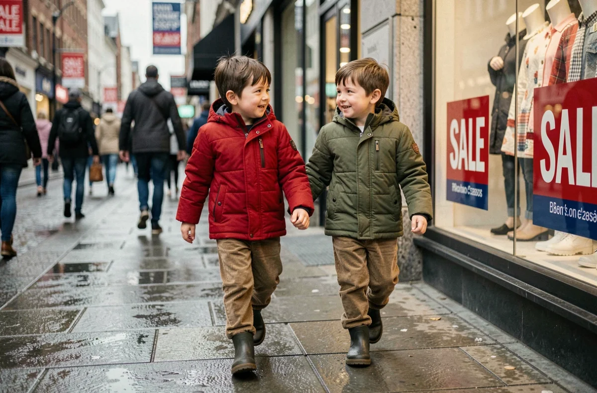 Deux jeunes garçons en vestes d'hiver colorées marchant devant des vitrines de soldes en ville pendant les soldes d'hiver 2026
