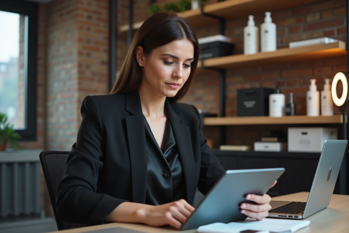 Femme professionnelle dans un studio créatif consultant une tablette entourée de produits de boutique en ligne