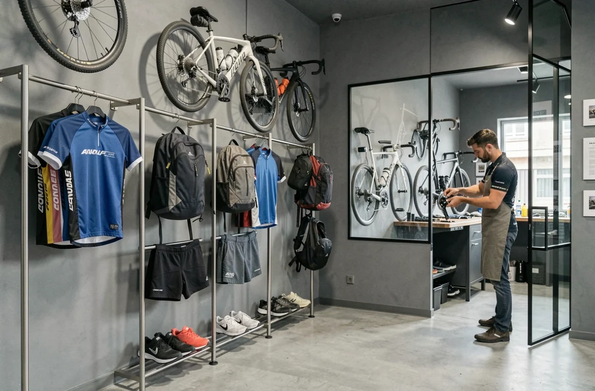 Boutique Urban Cycle à Nantes avec un mécanicien au travail et des vélos urbains exposés en arrière-plan