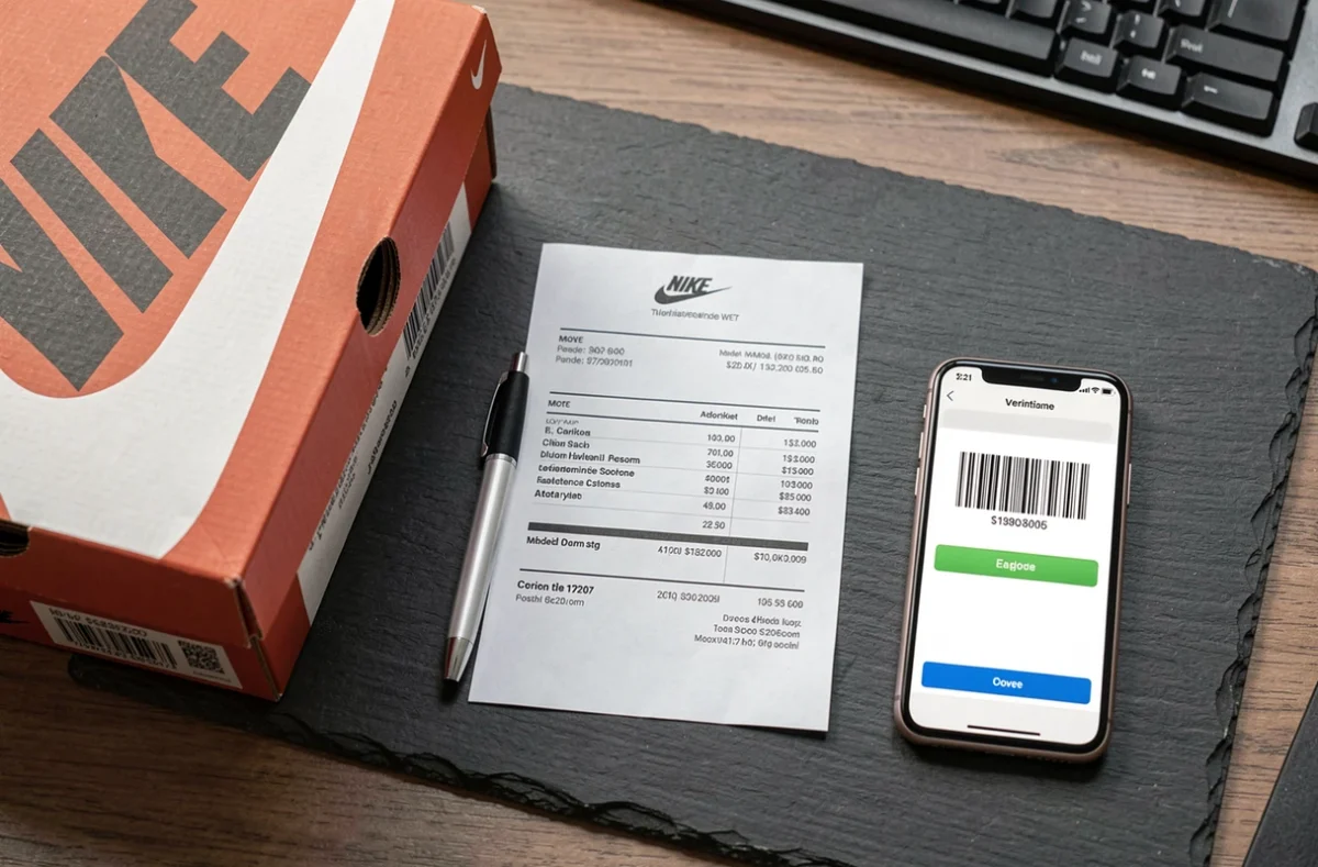 Vue à plat d'une boîte Nike, d'une facture avec numéro de modèle et d'un smartphone vérifiant le code UPC