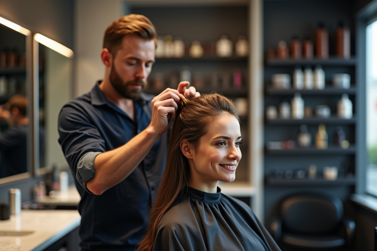 Visagiste modelant la coiffure d une cliente dans un salon élégant