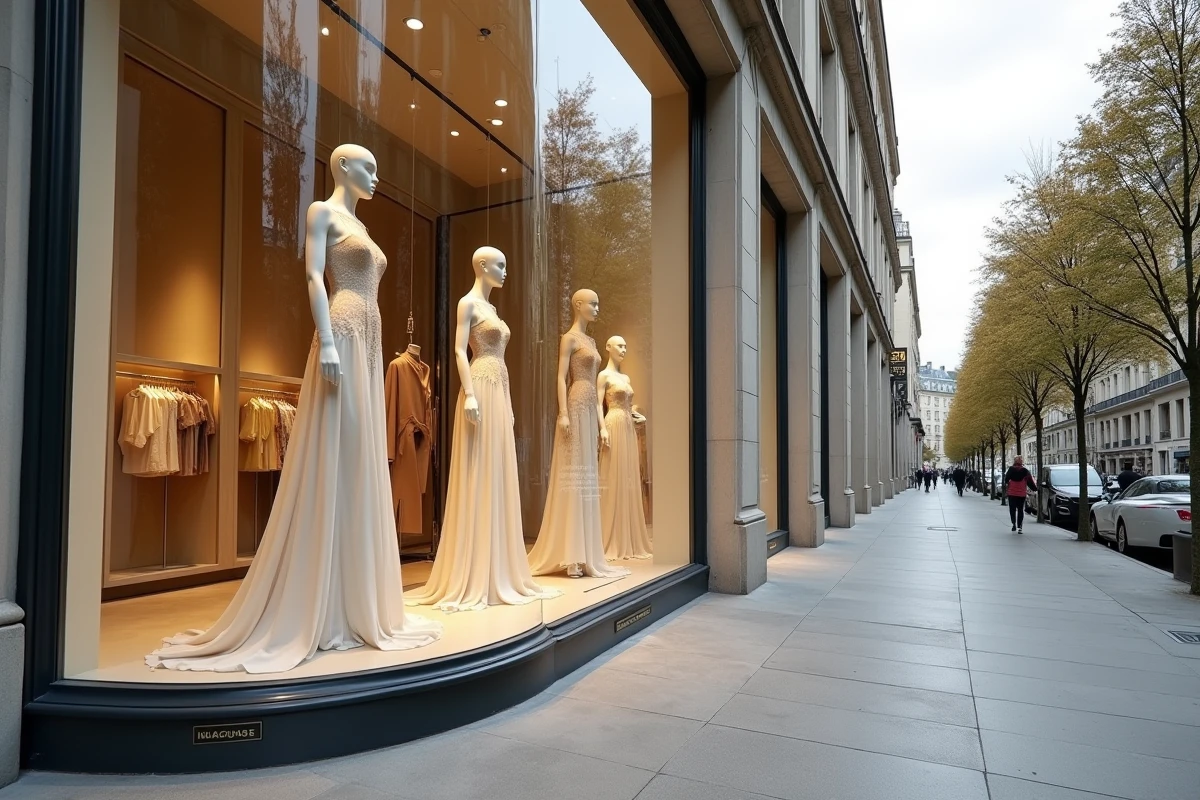 Vitrine de boutique de luxe sur l'Avenue Montaigne à Paris avec des mannequins en haute couture