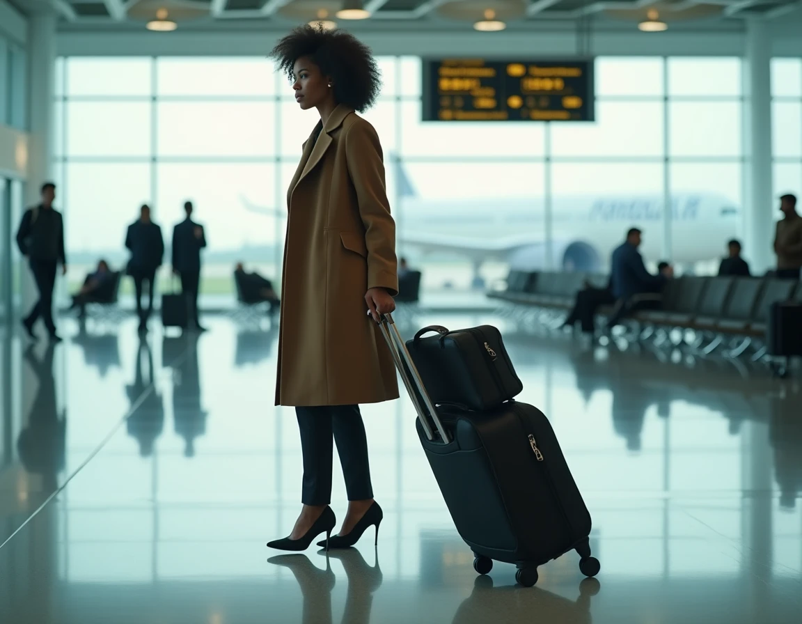 Femme styliste traversant un terminal d'aéroport international avec valise, symbole du voyage transatlantique