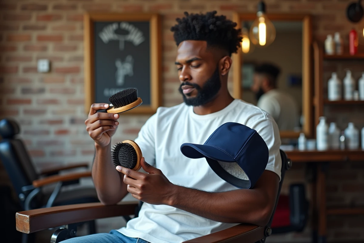 Homme dans un salon de coiffure tenant un wave cap et une brosse à waves pour comparer les techniques d'entretien